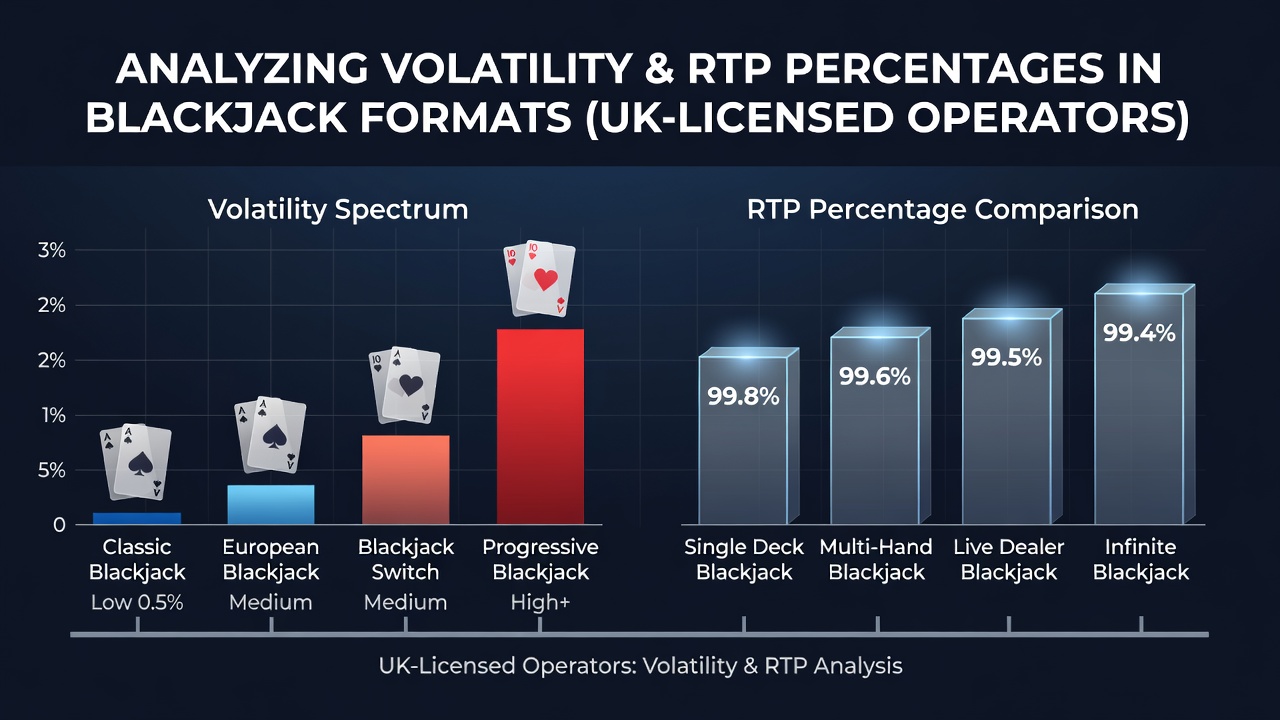 Chart displaying RTP percentages and volatility levels for multiple blackjack game formats