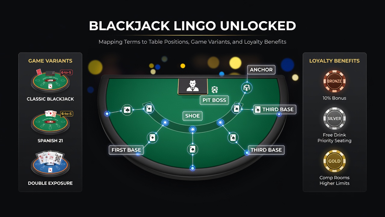 Blackjack table layout showing player positions and common terminology markers