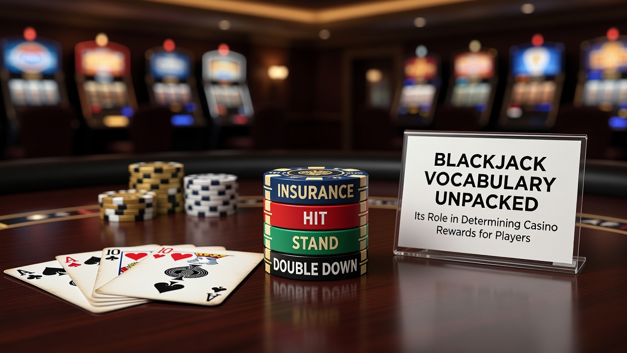 Detailed infographic showing key blackjack terms like hit, stand, double down, and their connection to casino reward calculations
