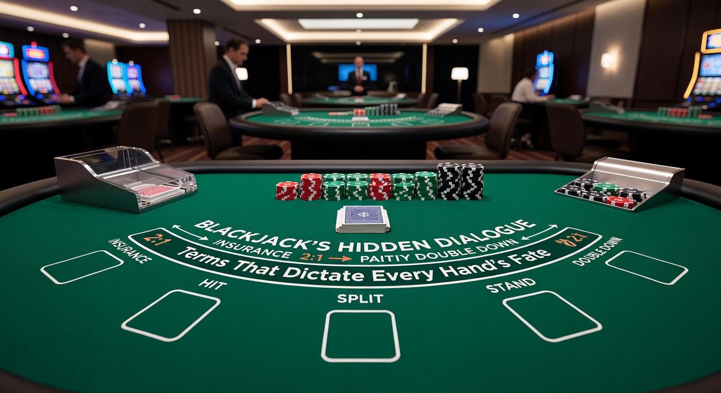 Illustration of blackjack terminology icons: hit, stand, split, double down, and insurance bet overlaid on a dealt hand