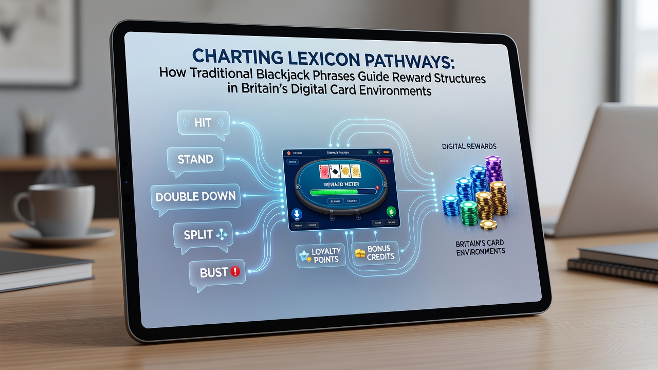 Traditional blackjack terminology displayed on digital interfaces showing phrases like hit, stand, and double down integrated into reward tracking systems