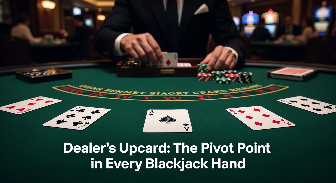 Close-up of a blackjack dealer revealing the upcard on the table, highlighting its central role in player decisions