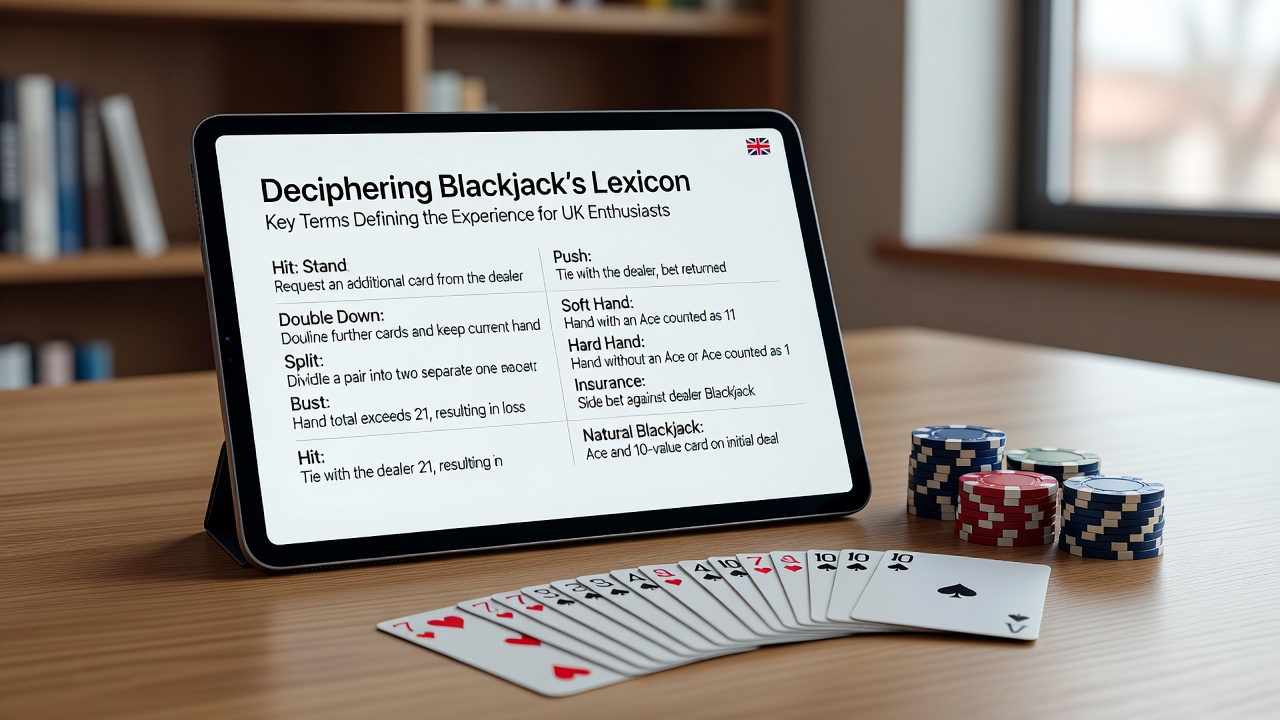 Close-up of blackjack cards and betting chips highlighting terms like split, double and insurance