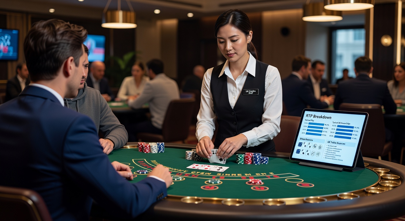 Close-up of a live blackjack table interface showing RTP indicators, rule summaries, and player strategy options in a UK online casino setting