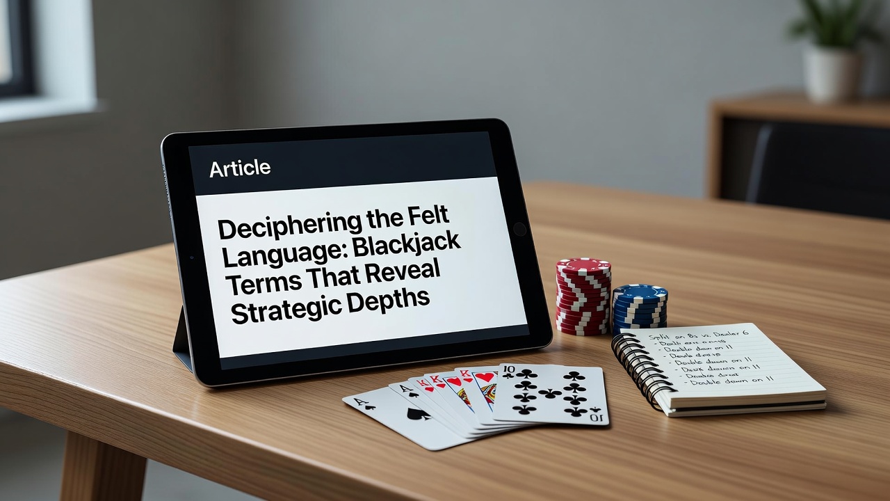 Blackjack table layout showing cards, chips, and strategic decision markers during active play