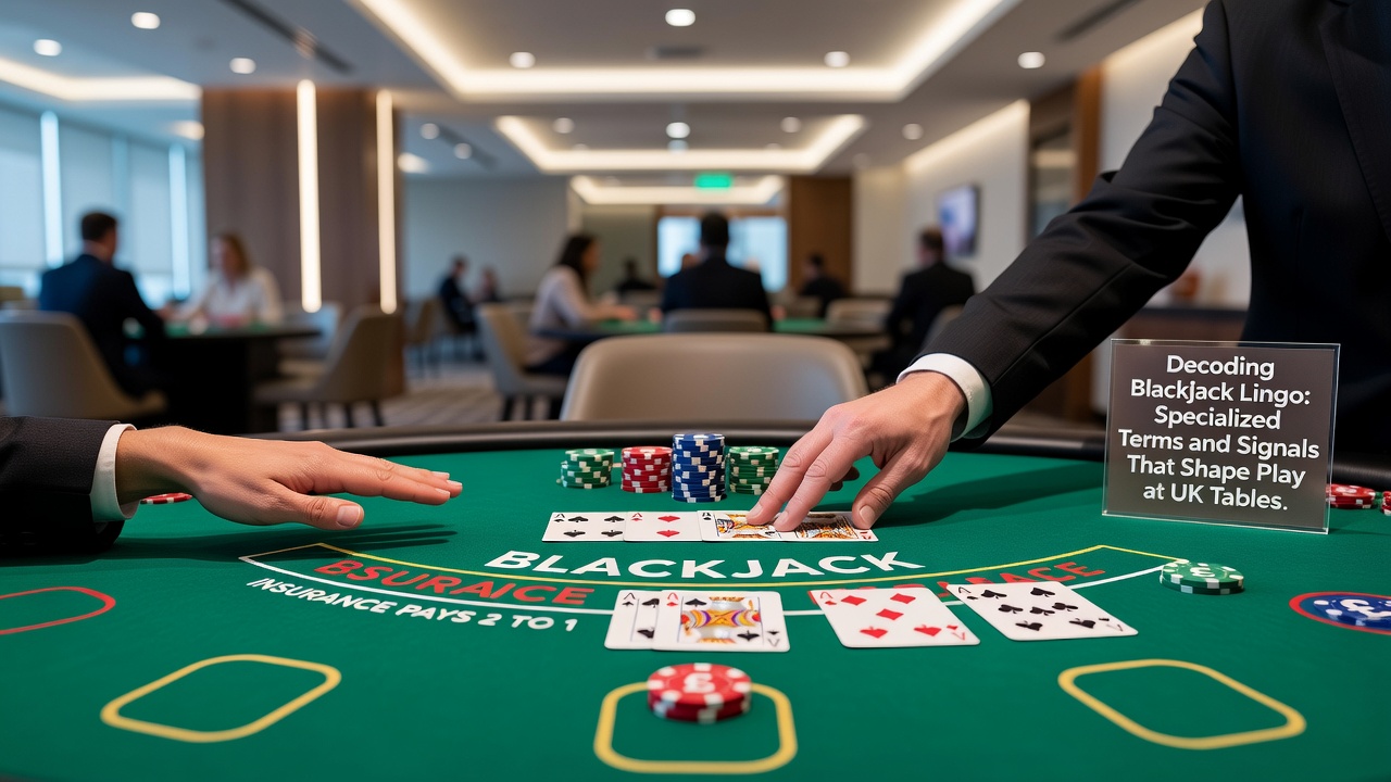 Close-up of blackjack hand signals and terminology cards at a UK gaming table