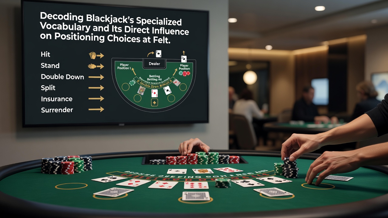 Close-up view of blackjack felt with position markers and player seating arrangement