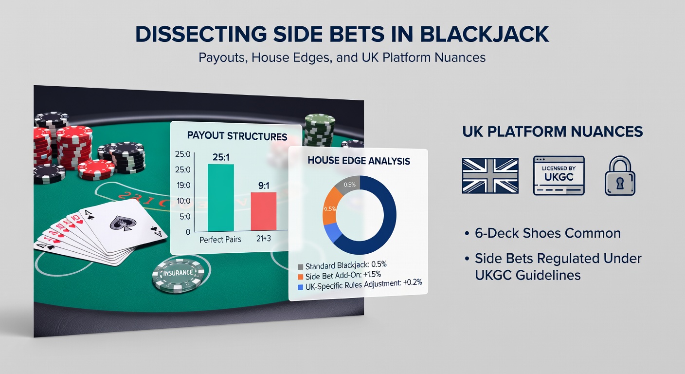 Close-up graphic of a digital blackjack interface showing side bet payout tables and house edge indicators for Perfect Pairs and 21+3 options