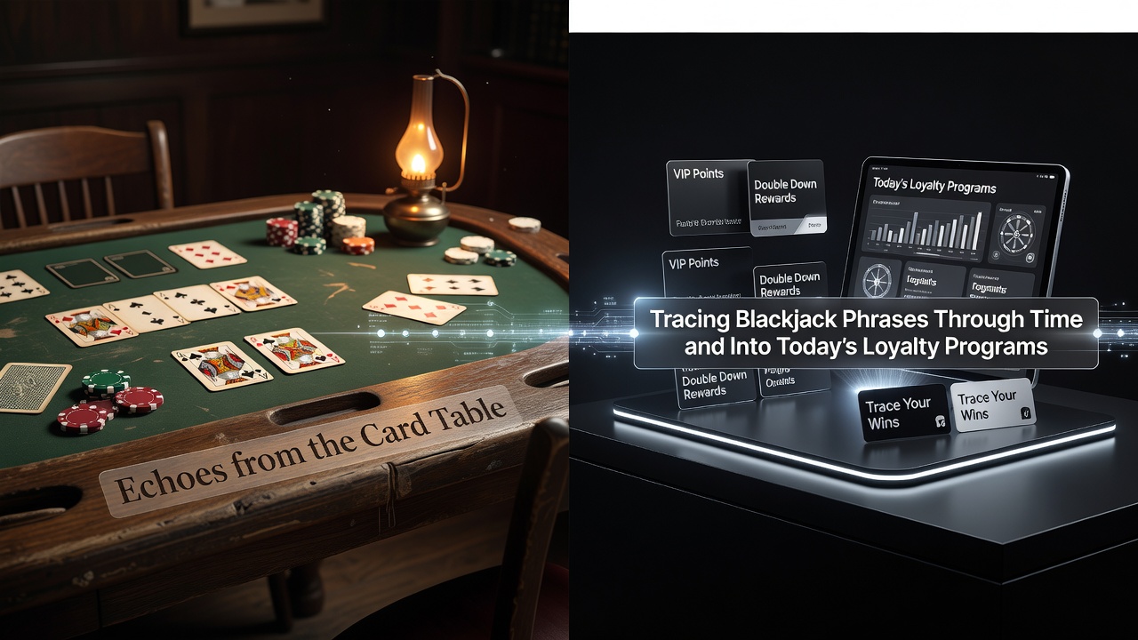 Historical blackjack card table with vintage chips and playing cards spread across green felt, evoking classic casino terminology