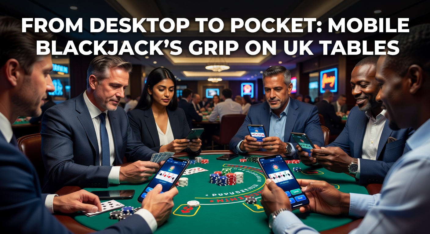 UK player holding a phone with a vibrant mobile blackjack game, showing dealt cards and betting options under city lights