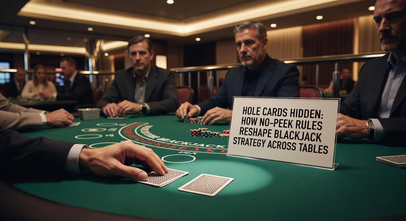 Close-up of a blackjack dealer revealing cards on a felt table, with the hole card face down and obscured, highlighting the no-peek rule in action