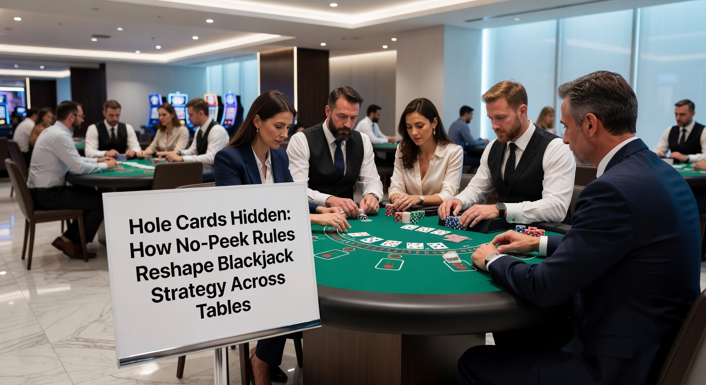 Strategy chart comparison side-by-side, one for peek rules and another for no-peek, displayed on a laptop screen amid casino chips and cards