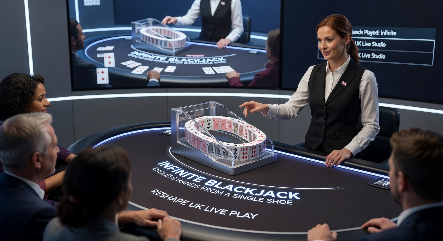Digital rendering of an Infinite Blackjack table with a single shoe dispensing endless cards during live UK play, showing multiple betting spots and dealer interaction