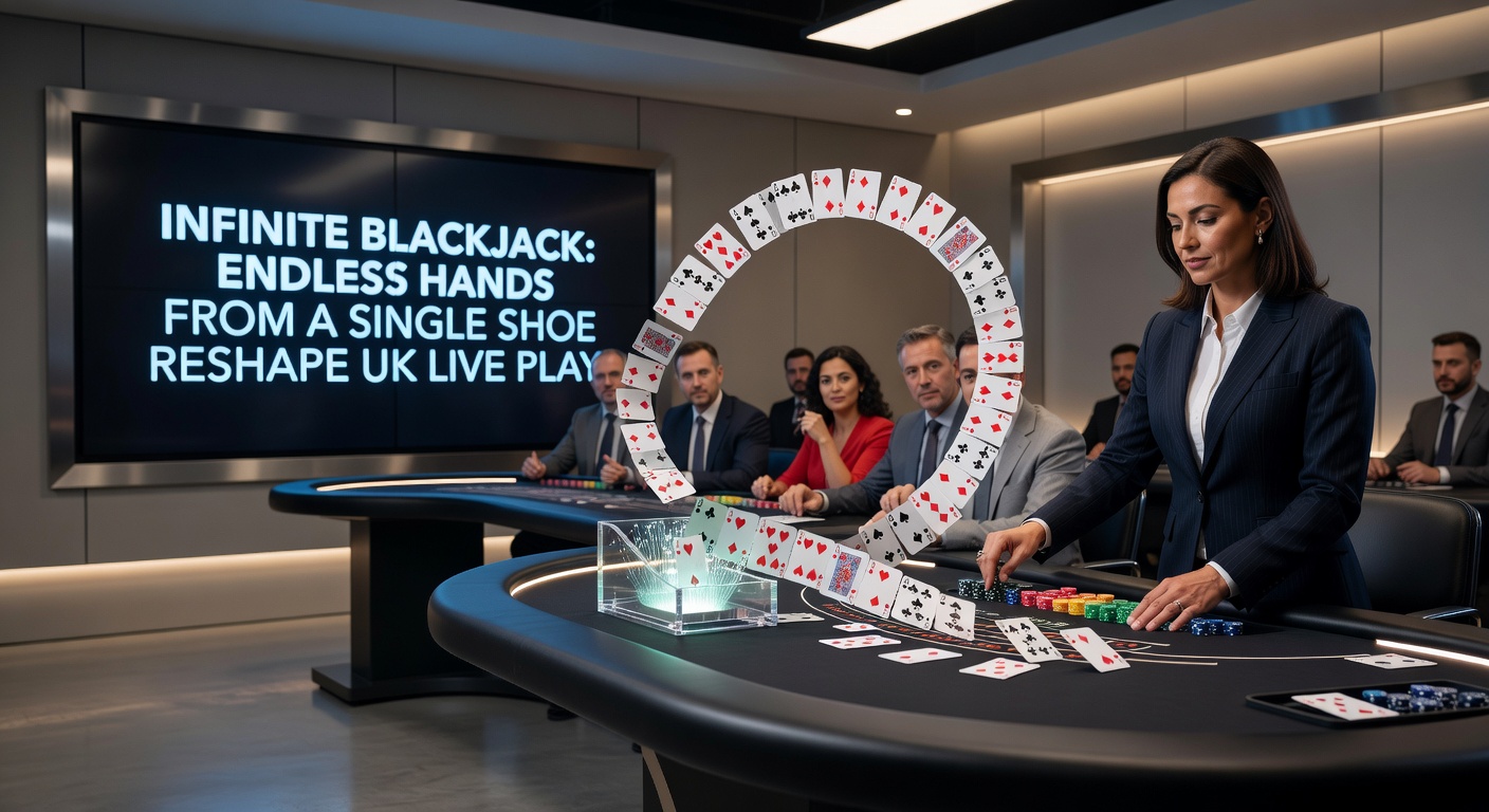 Close-up of Infinite Blackjack interface during a live UK session, displaying multiple player hands, side bets, and the infinite shoe indicator with dealer dealing cards
