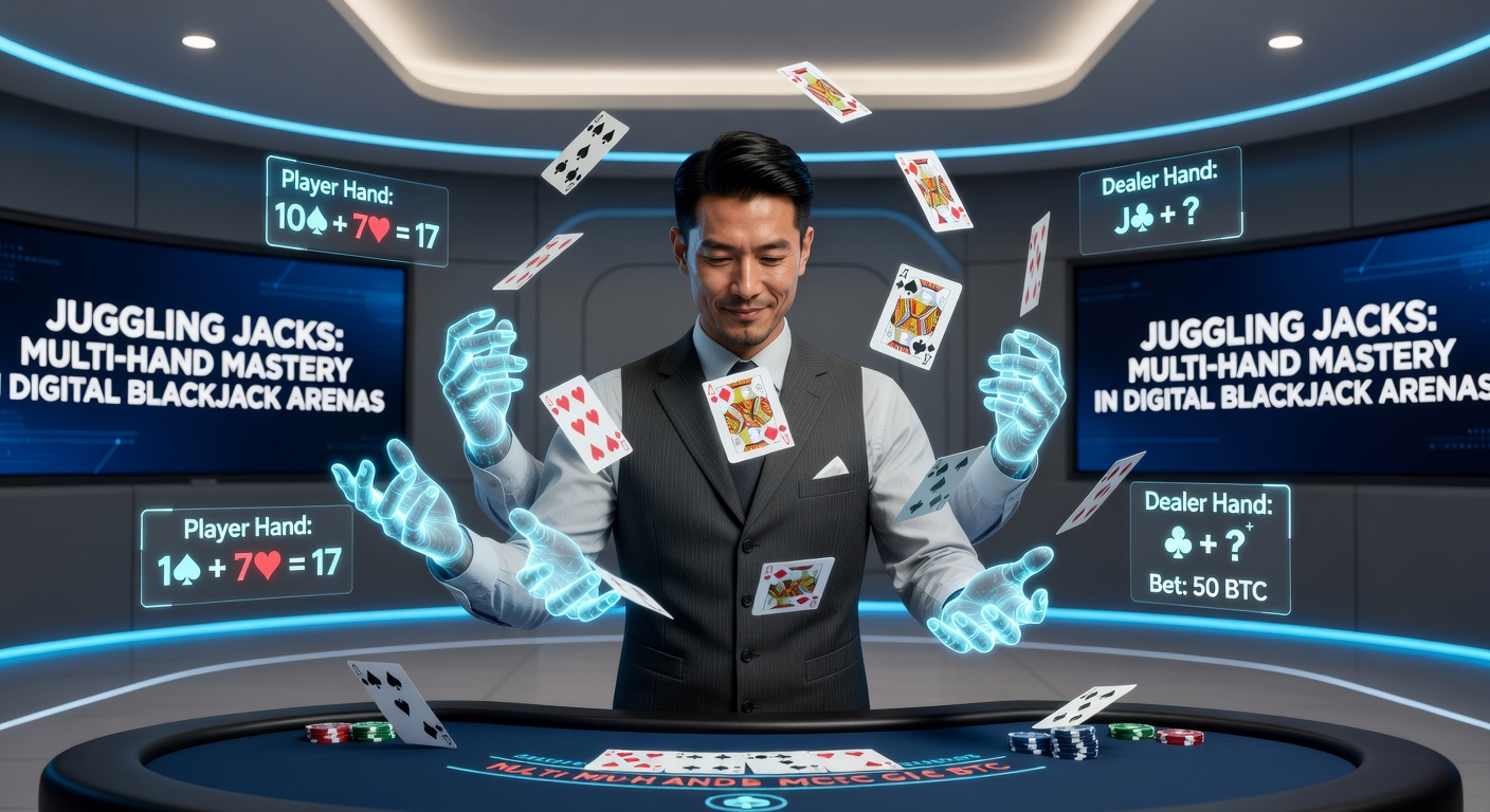 Close-up of a player's dashboard in multi-hand online blackjack, displaying four active hands with varying card totals and bet amounts, chips stacked neatly beside each