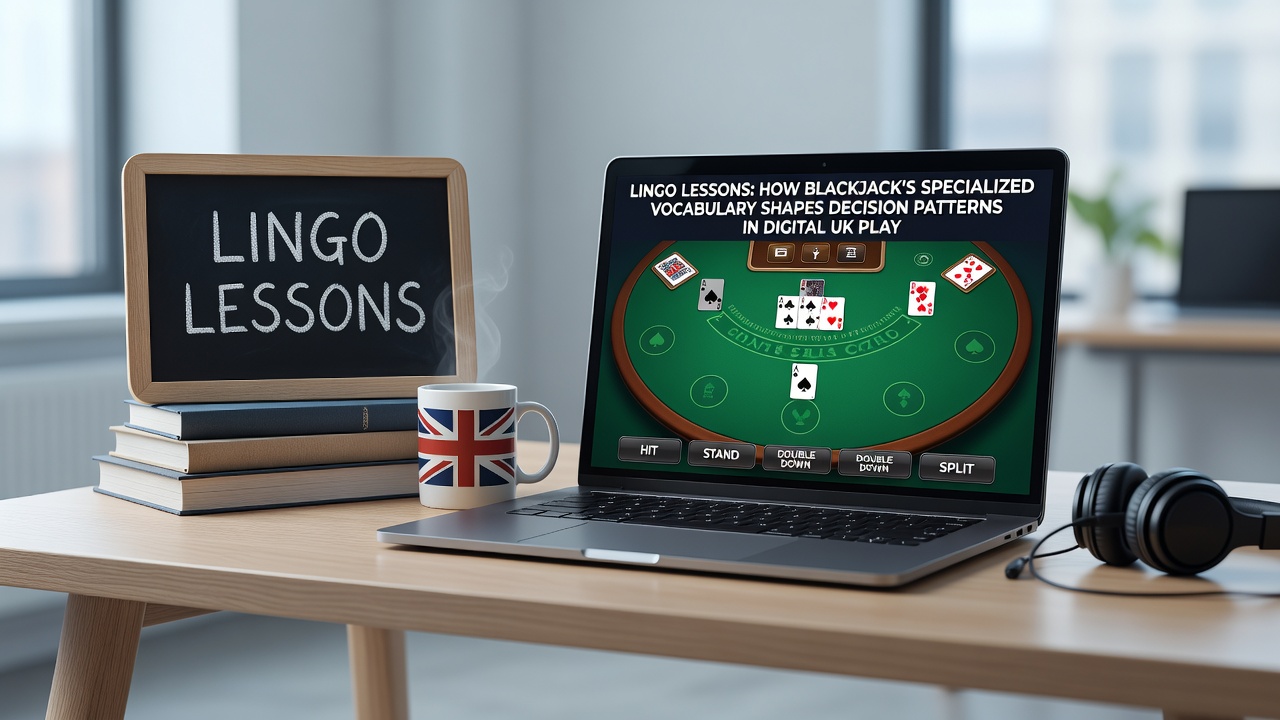Close-up of digital blackjack screen showing decision buttons and terminology labels