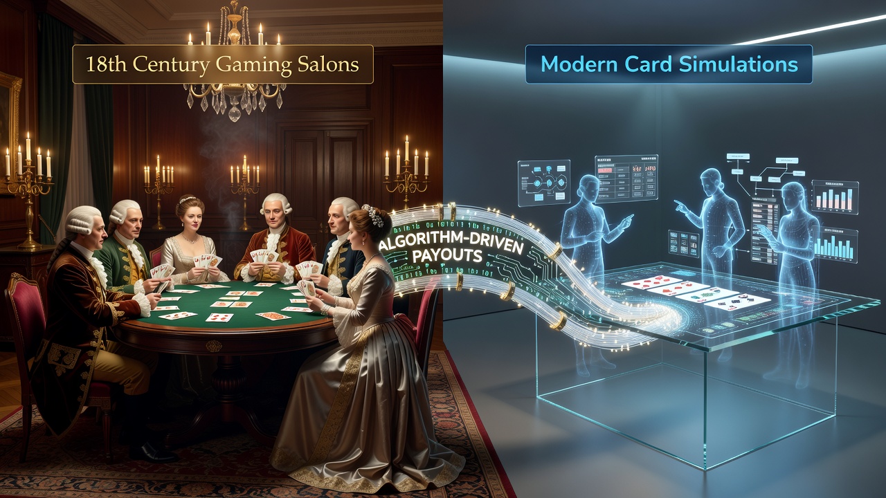 Modern computer screen displaying algorithmic card simulation interface with probability tables and payout graphs