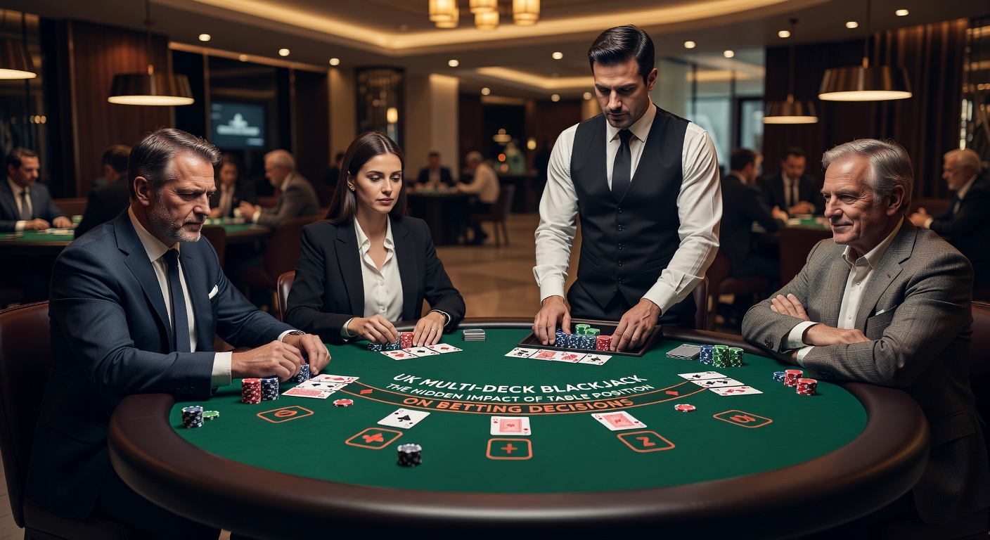 UK multi-deck blackjack table layout showing player positions from first base to third base