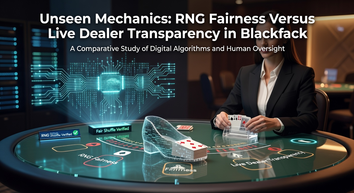 Digital visualization of RNG code streams intertwining with a live dealer blackjack table, symbolizing the clash between algorithmic randomness and human-led transparency