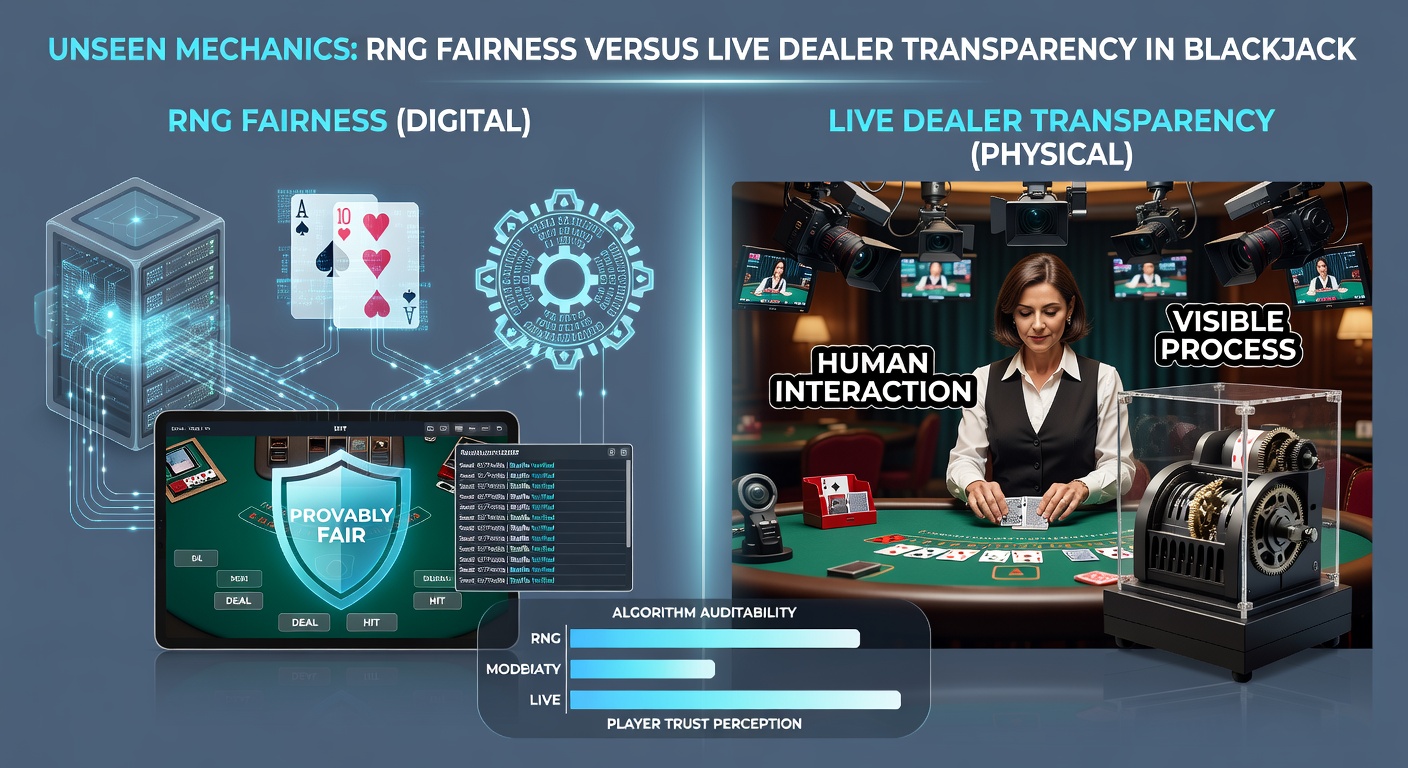 Split-screen comparison showing RNG simulation graphs on one side and a live dealer mid-shuffle on the other, highlighting fairness verification methods
